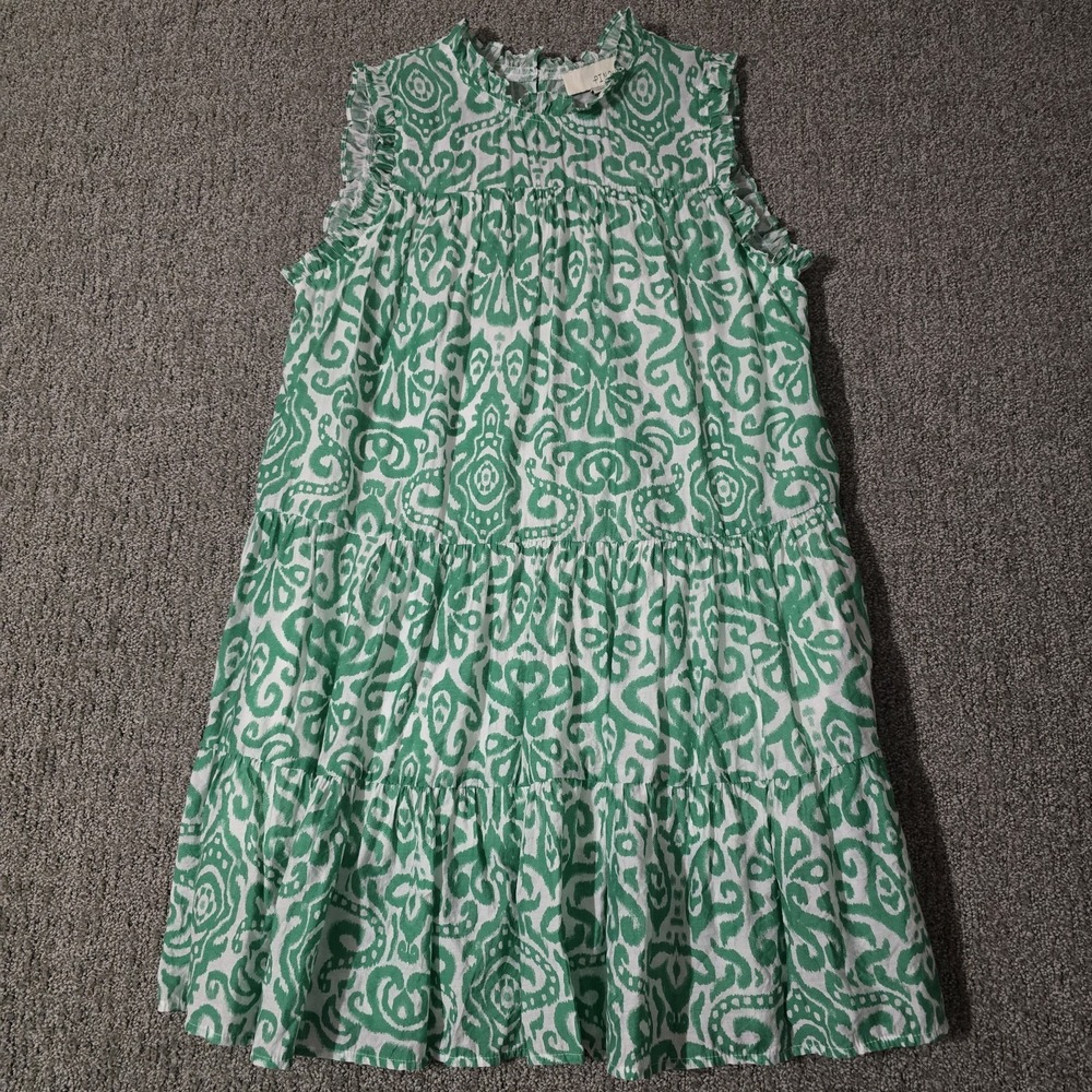 PINCH Tiered Mini Dress White Green Floral Sleeveless Boho Cottage M
